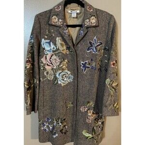 NYCARD  BROWN WOOL BLEND TWEED COAT W/ EMBROIDERED FLOWERS & BIRDS SZ 10